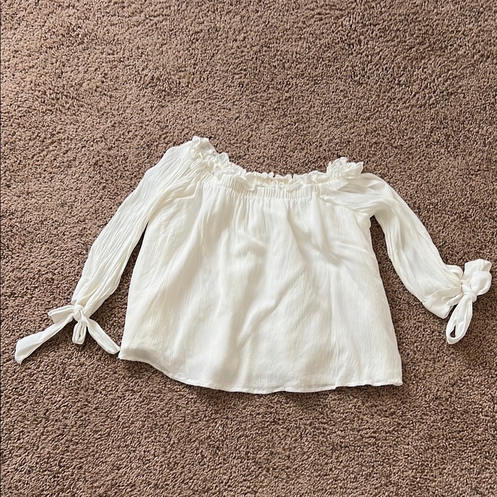 American Eagle White Off-Shoulder Blouse with Tie Sleeves